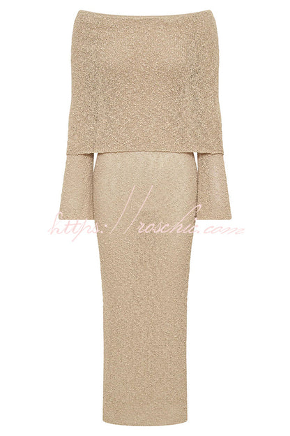 Marisol Ribbed Boucle Material Draped Off Shoulder Stretch Vacation Maxi Dress
