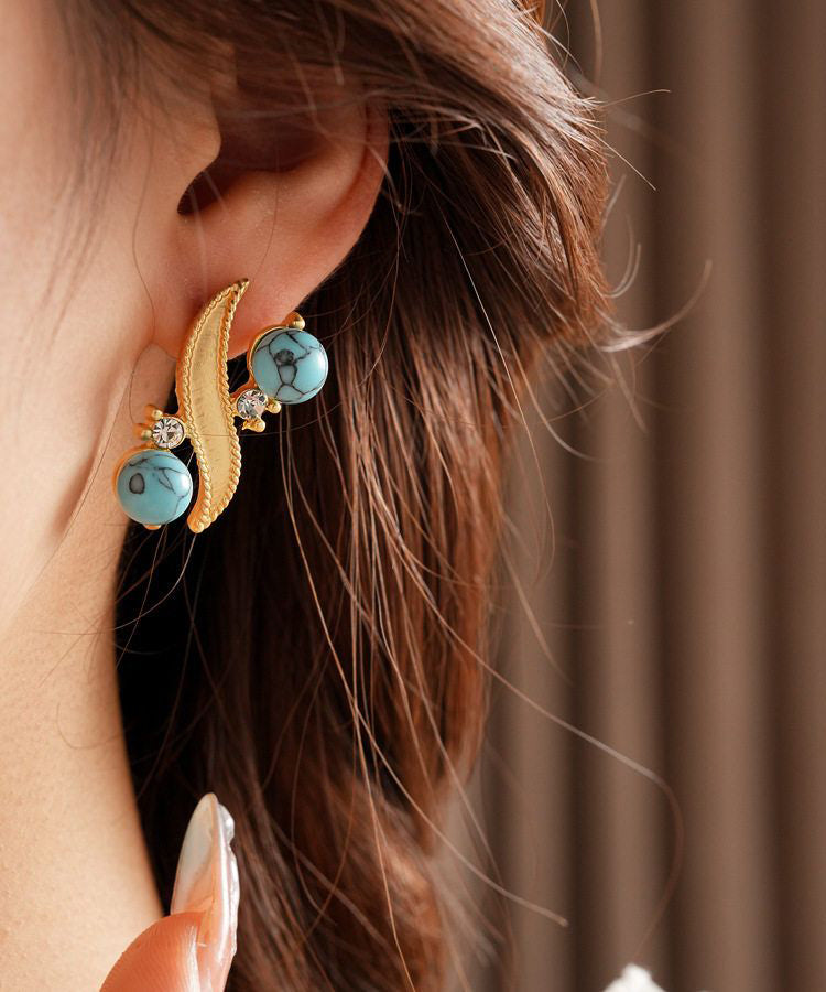 Gold Alloy Zircon Turquoise Stud Earrings