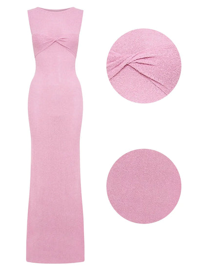 Summer Beach Knit Maxi Dress for Cover-up Pink Sleeveless Twist Sundress Knitwear See-through Maxi Bodycon Dress New