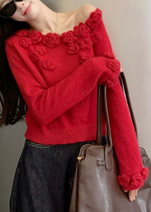 Red Patchwork Knit Sweater Asymmetrical Winter Wv006