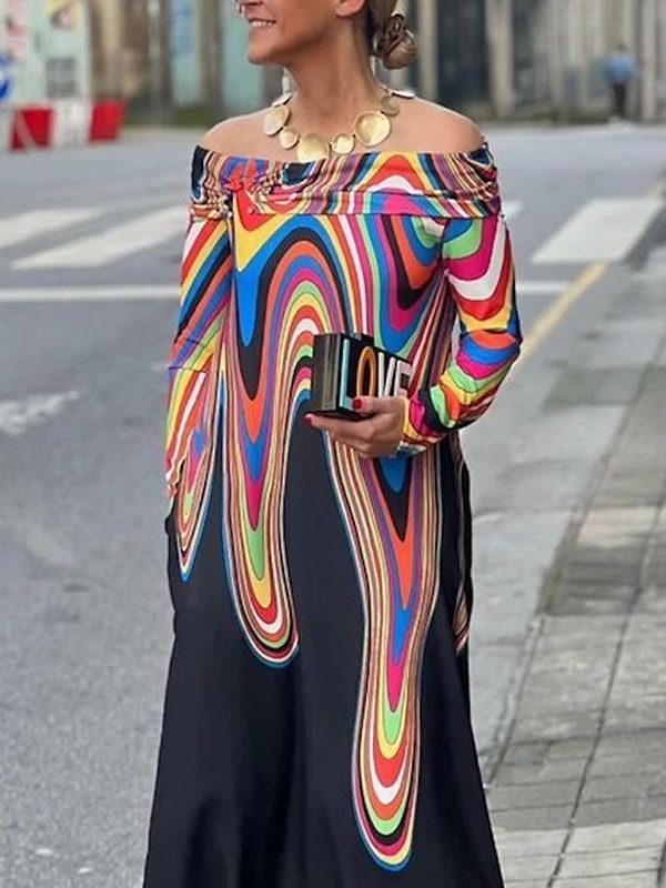 Long Sleeves Colorful Contrast Color Printed Off-the-shoulder Maxi Dresses