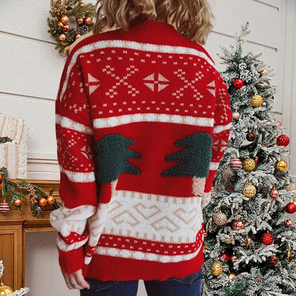 Tree Embroidery Loose Retro Green Christmas Christmas Sweater