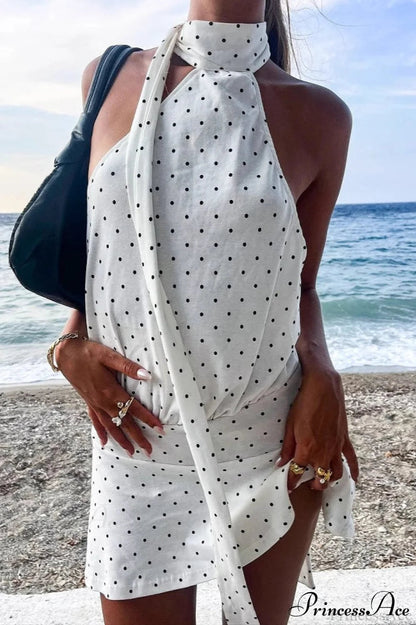 Fashionable Polka Dot Backless Halter Mini Dress
