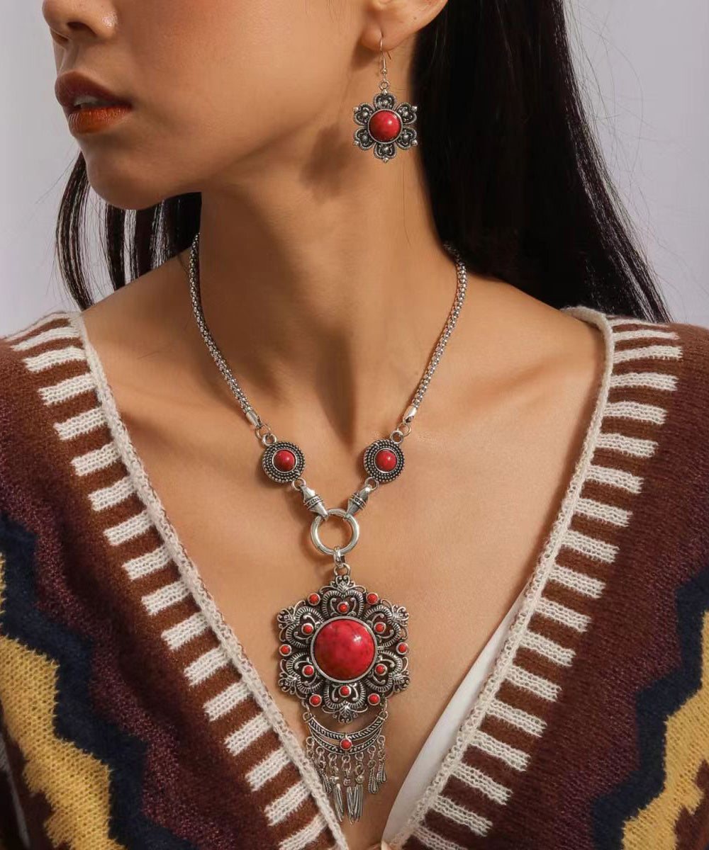 Red Sterling Silver Agate Tassel Pendant Necklace