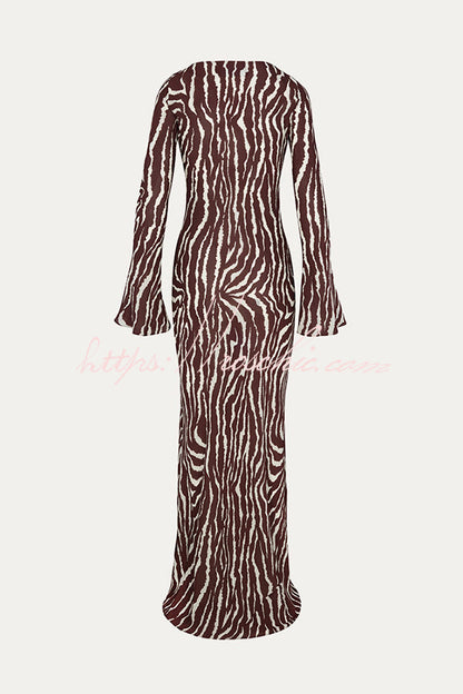 Gia Unique Print Boat Neck Long Bell Sleeve Bias Cut Maxi Dress