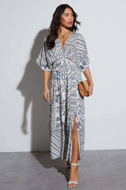Print V-neck Short Sleeve Maxi Dress