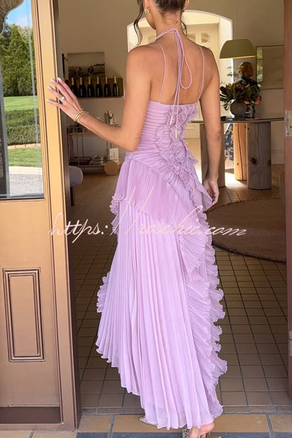 Dream Ode Lily Pad Style Pleats and Ruffles Halter Gown Maxi Dress