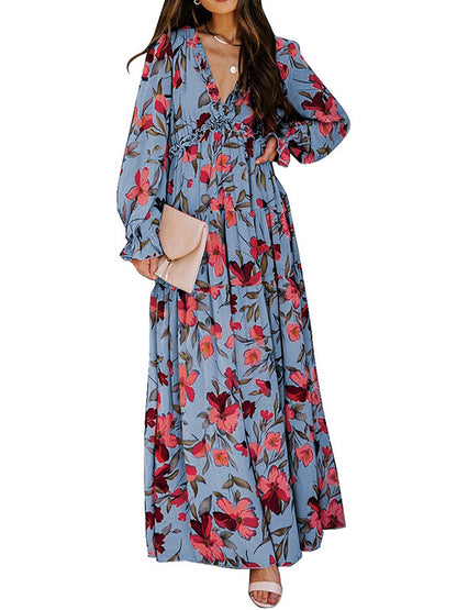 High Waisted Long Sleeves Flower Print Pleated Ruffled V-neck Maxi Dresses