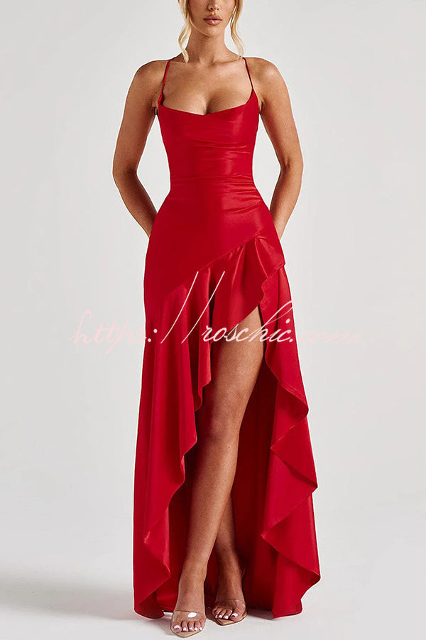 Color Backless Lace-up Irregular Ruffled Maxi Dress