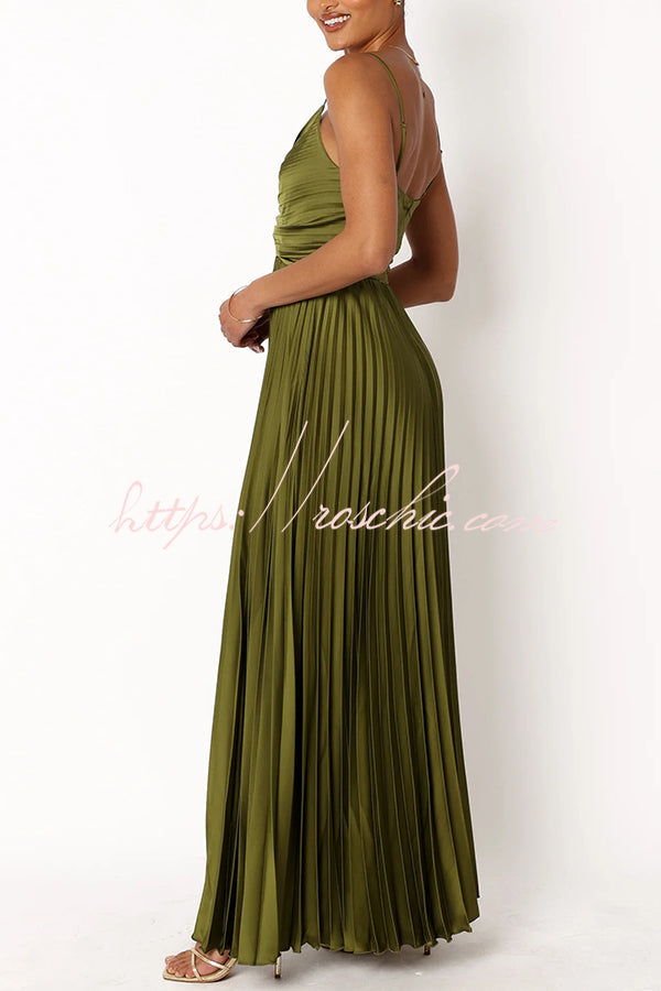 Catch the Light Satin Pleated V-neck Slip Maxi Dress