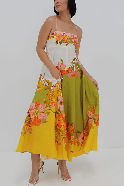 Linen Blend Contrast Print Back Smocked Pocket Maxi Dress
