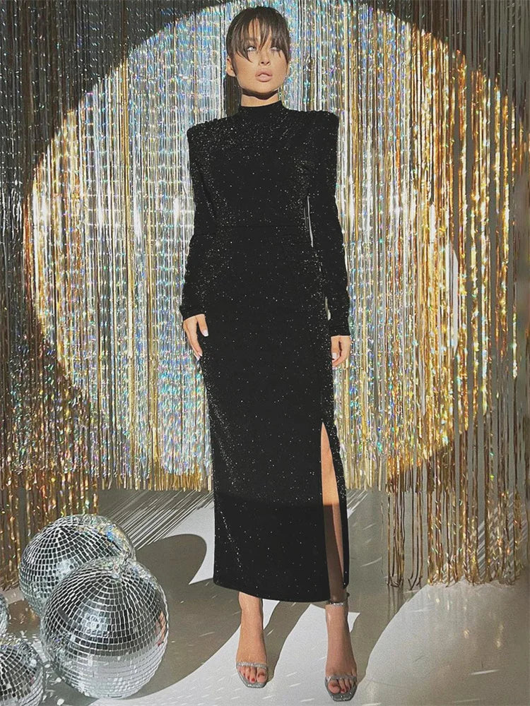 Black Sequin Slim Maxi Dress ’s High Waist Party Dress Clothes Shiny Commute Gown Autumn Female Long Dress