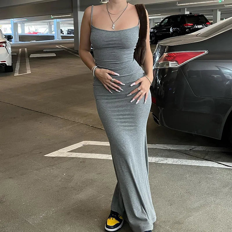 Dresses for Spaghetti Strap Black Long Dress Evening Y2k Sleeveless Skinny Bodycon Maxi Vestidos
