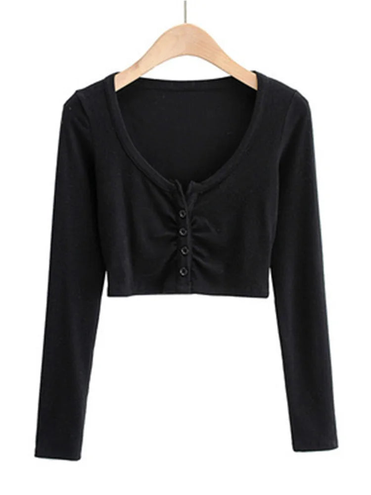 Slim V-neck Long Sleeve Bottomed Tops and Blouses High Street Color Open Navel Cardigan