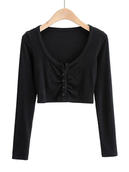 Slim V-neck Long Sleeve Bottomed Tops and Blouses High Street Color Open Navel Cardigan