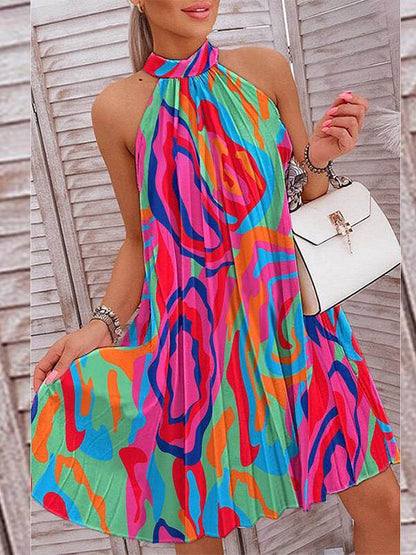 Loose Pleated Printed Halter-neck Mini Dresses Short Dresses