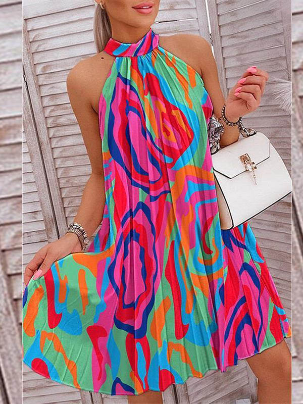 Loose Pleated Printed Halter-neck Mini Dresses Short Dresses