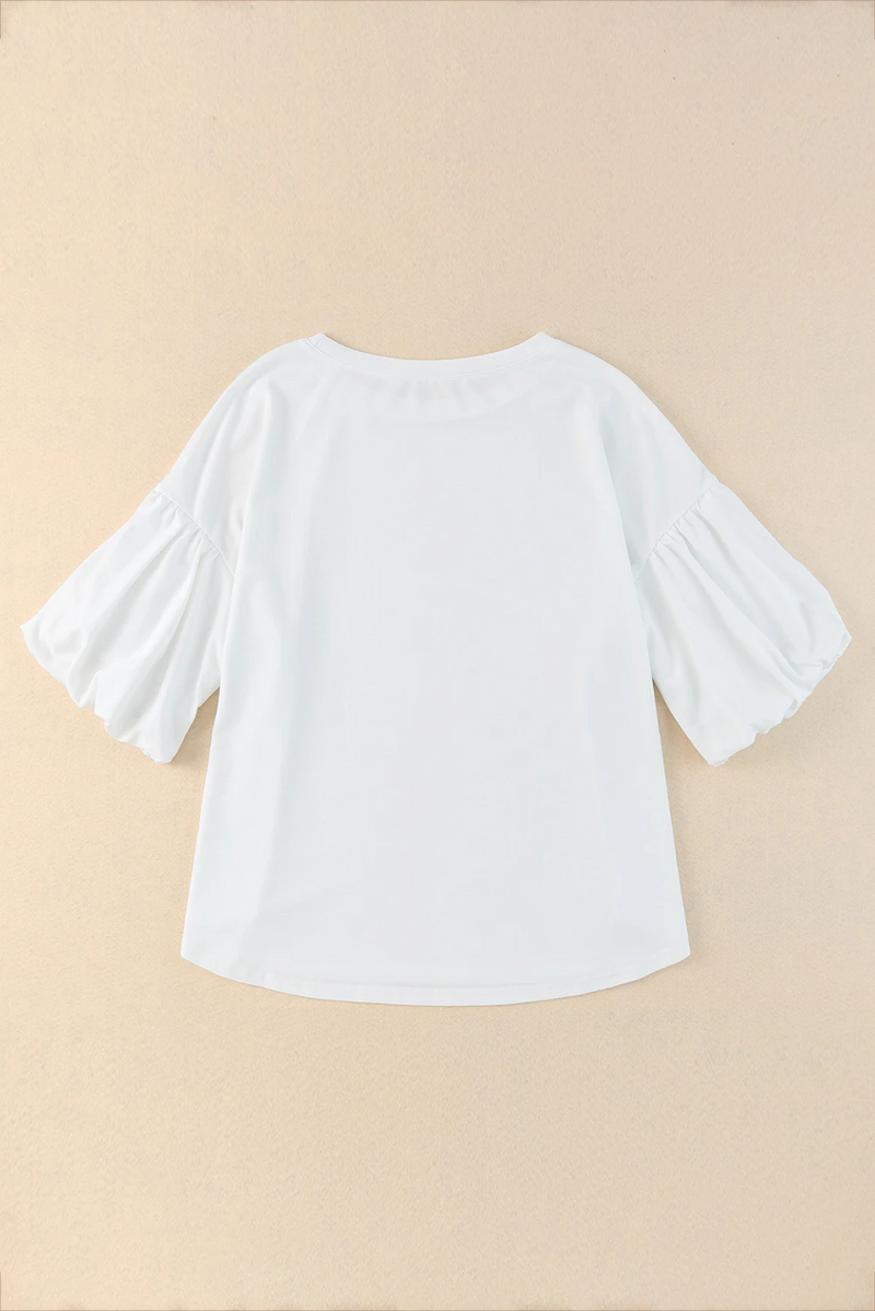 White Color Bubble Sleeve Blouse