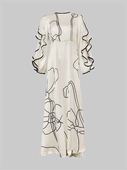 Loose Contrast Color Falbala Flower Print Hollow Zipper Maxi Dresses
