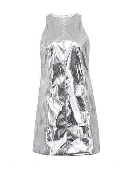 A-line Loose Shiny Color Zipper Round-neck Mini Dresses