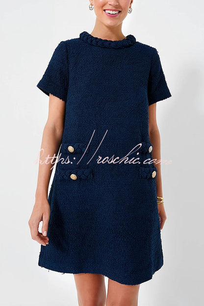 Confident and Tweed Fabric Braided Trim Button Shift Mini Dress