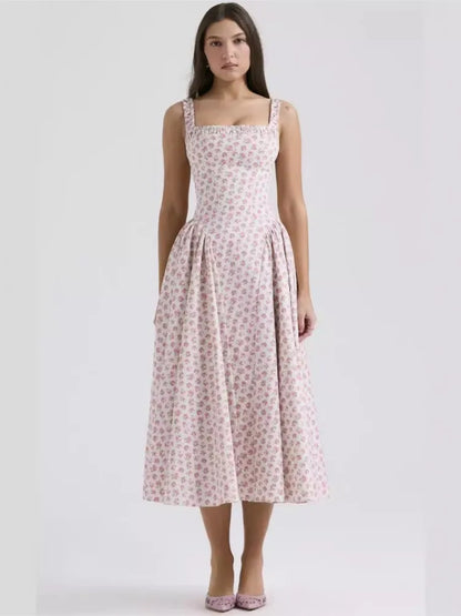 Flower Print Spaghetti Strap Dresses Backless Low Cut Folds Vacation Style Slim Midi Dress Female Vestidos