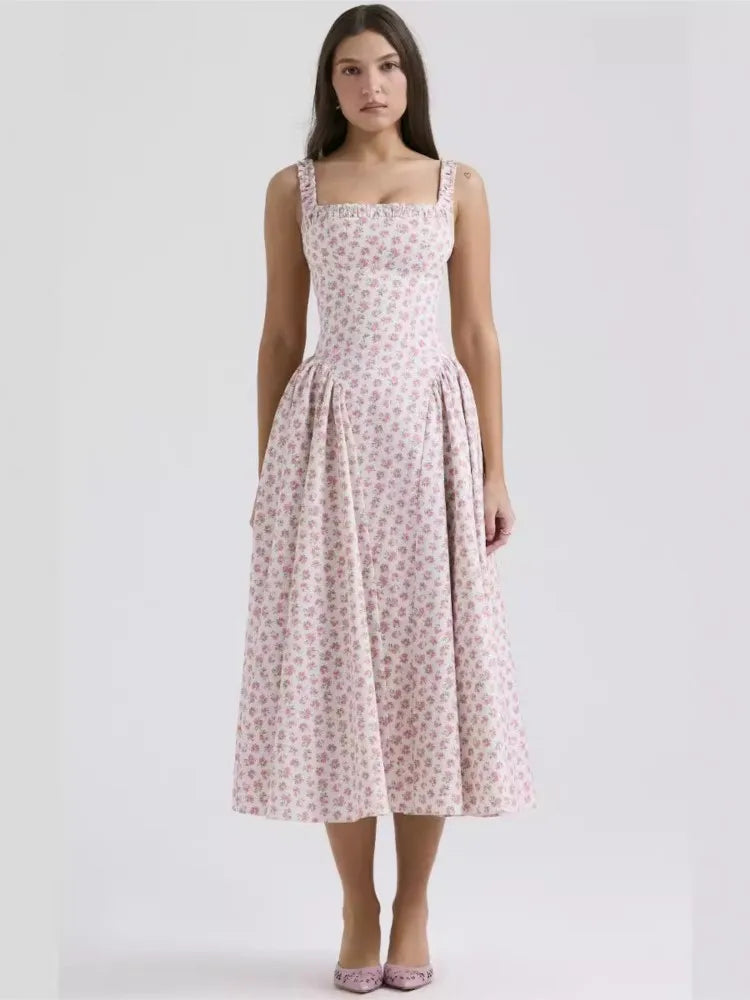Flower Print Spaghetti Strap Dresses Backless Low Cut Folds Vacation Style Slim Midi Dress Female Vestidos