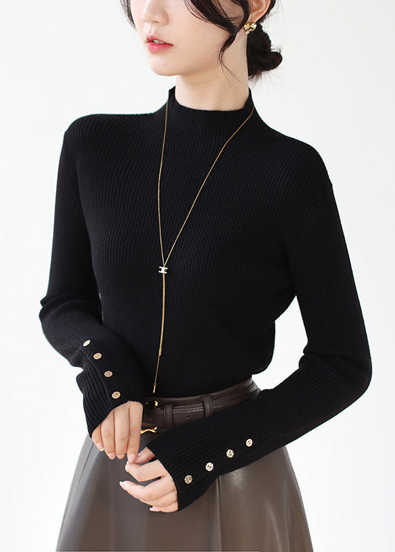 Black Slim Fit Patchwork Knit Sweaters Hign Neck Winter Rv025