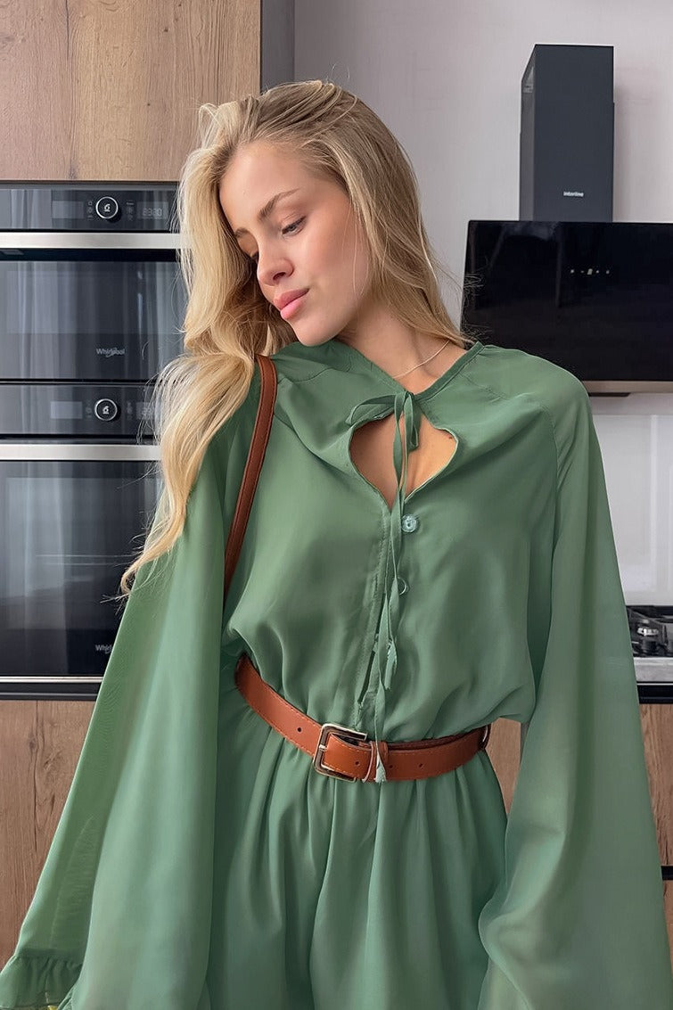 Lace Up Sleeve Ruffle Mini Dress