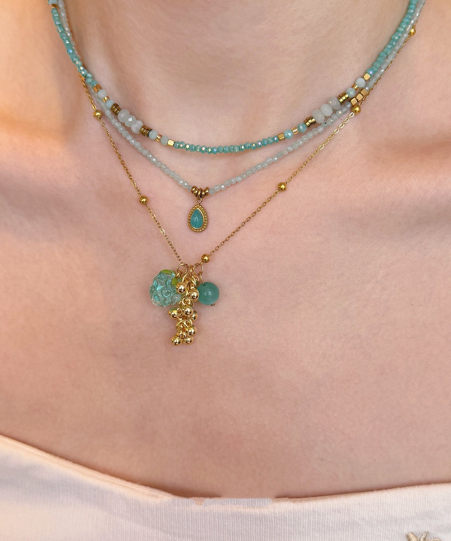 Blue Sterling Silver Alloy Amazonite Grape Beading Pendant Necklace Three-piece Set