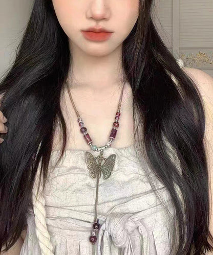 Red Alloy Gem Stone Butterfly Hollow Out Pendant Necklace