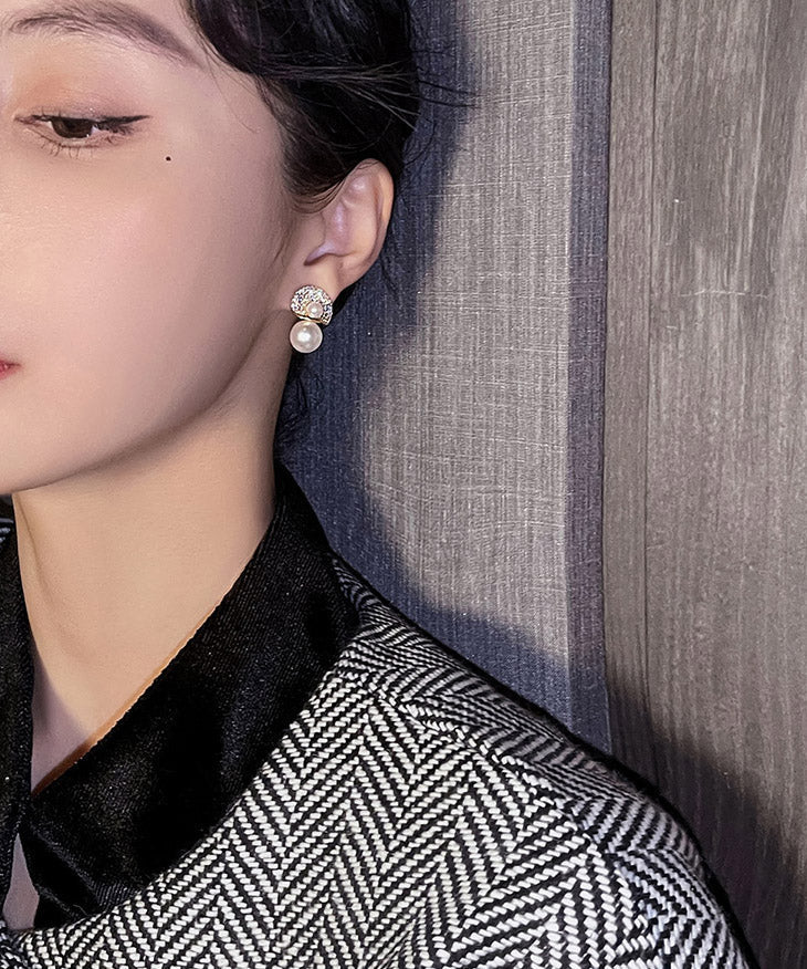 18k Gold Pearl Zircon Pearl Stud Earrings