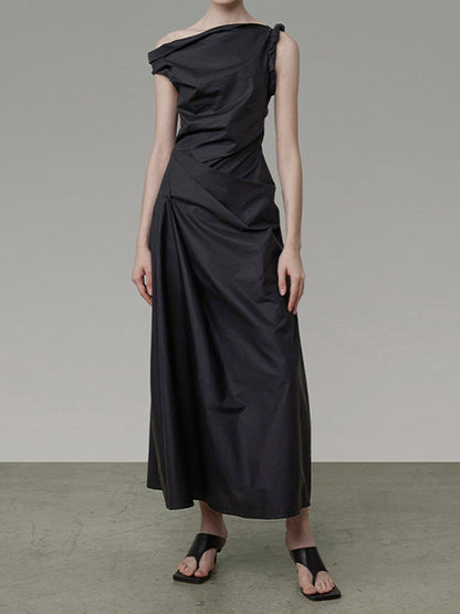 A-line High Waisted Asymmetric Color One-shoulder Midi Dresses