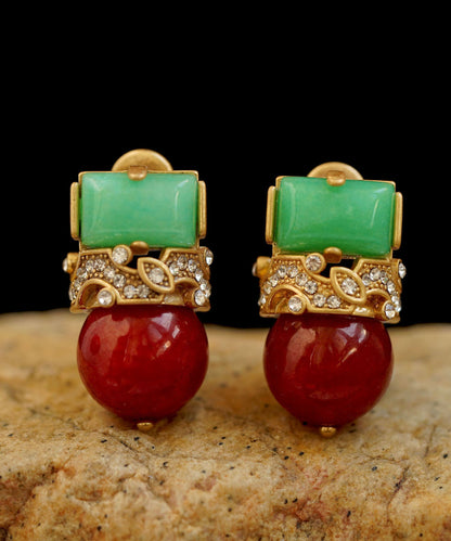 Colorblock Sterling Silver Overgild Zircon Jade Agate Stud Earrings