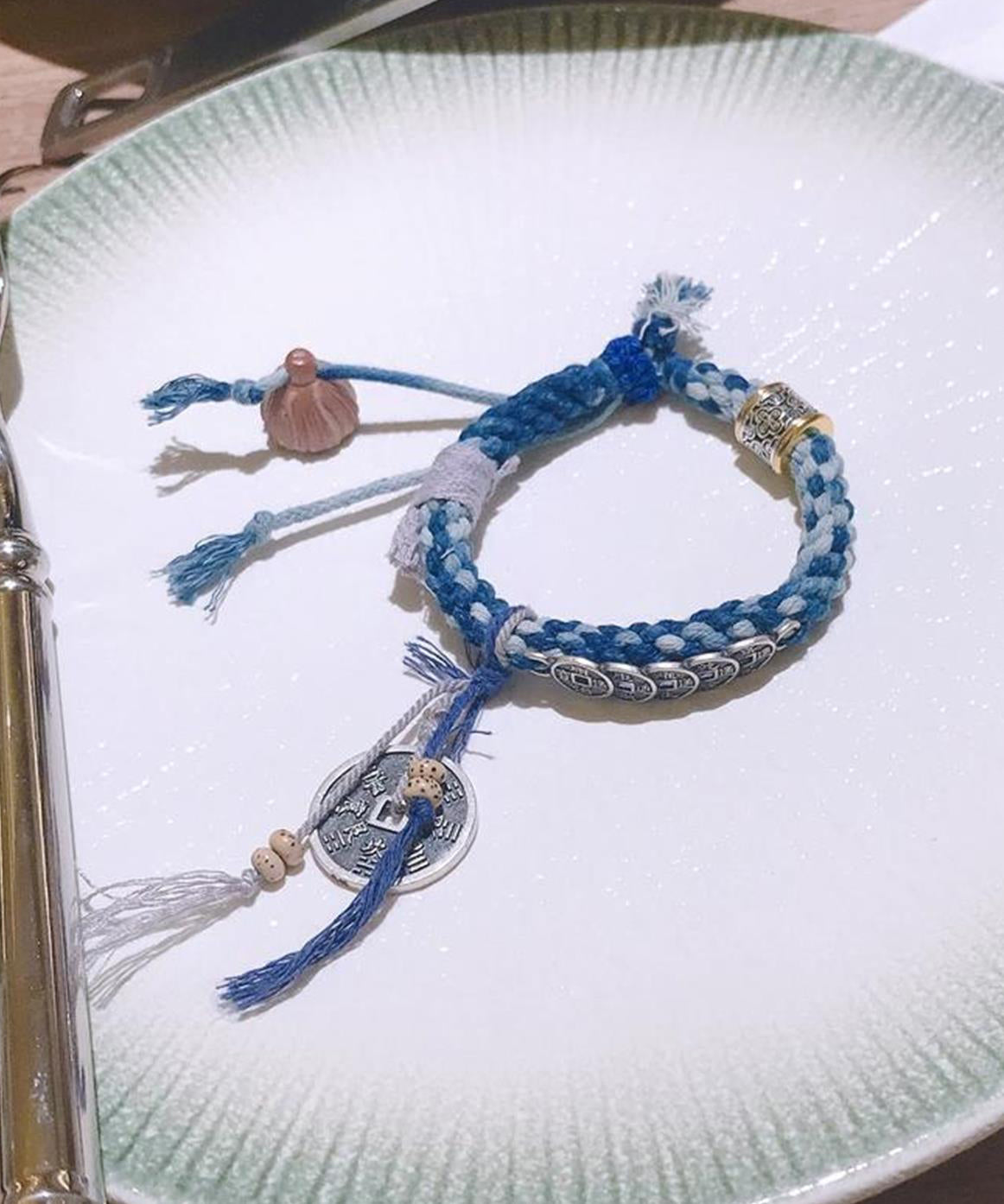Retro Blue Sterling Silver Weave Five Emperor Coins Charm Bracelet