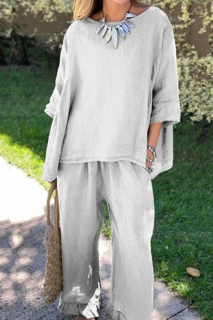 Color Loose Top \u0026 Pants Cotton Linen Two-piece Set