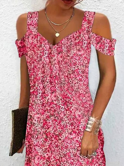 A-line High Waisted Flower Print Hollow Cold Shoulder Mini Dresses