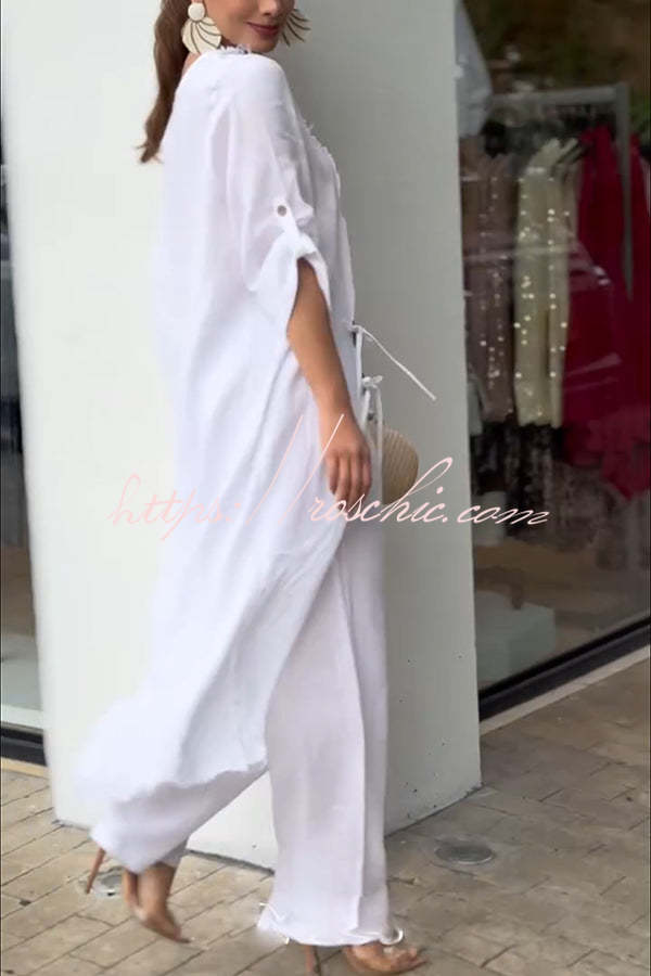 Tehla Linen Blend Ring Tie-up Detail Midi Blouse and Elastic Waist Pocketed Loose Pants Set