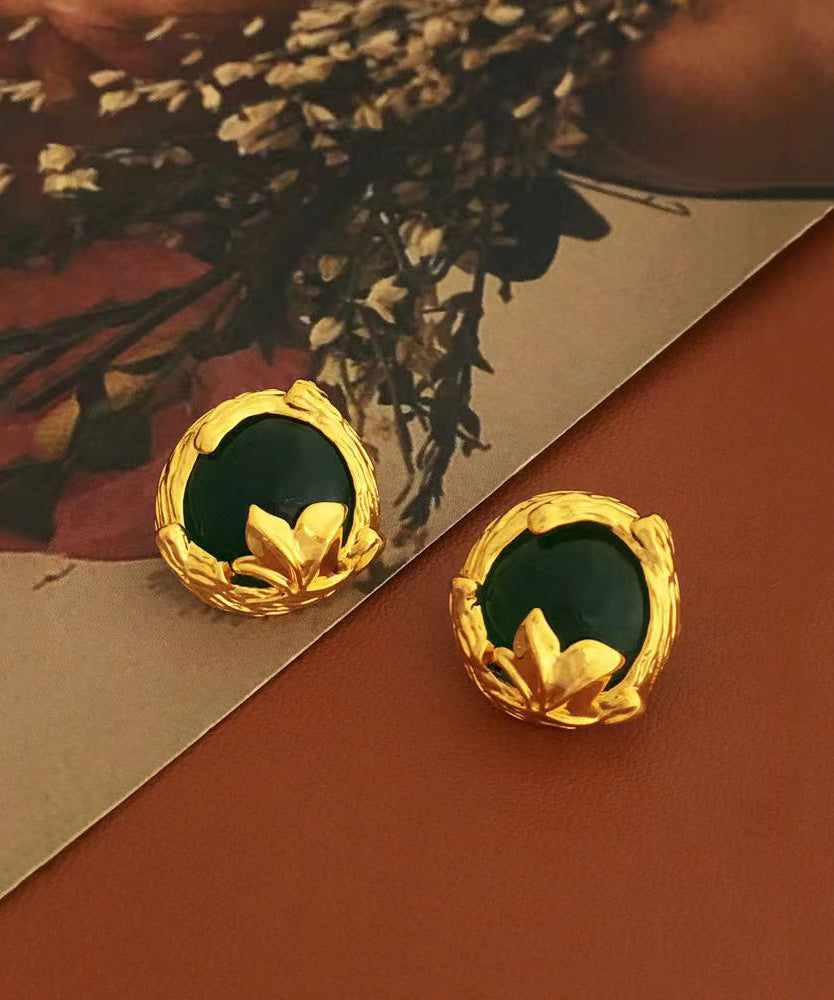 Art Green Copper Overgild 14k Gold Gem Stone Stud Earrings