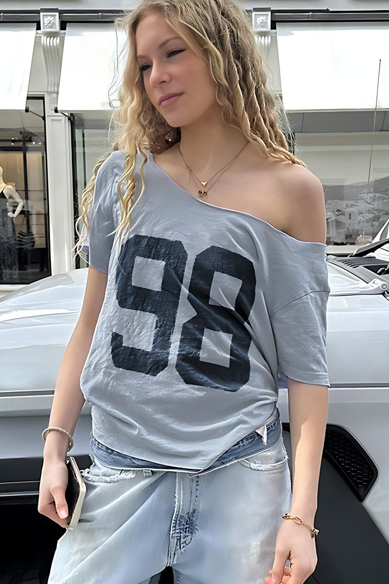 Loose Number Print Off Shoulder Crew T-shirt