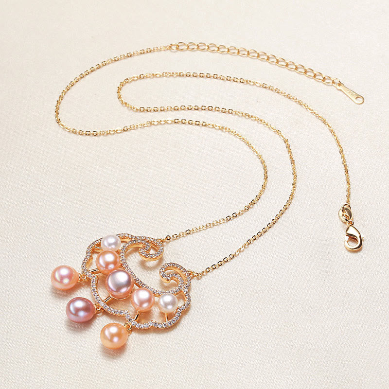 Buddha Stones 18k Gold Plated Natural Pearl Chinese Lock Charm Sincerity Necklace Pendant
