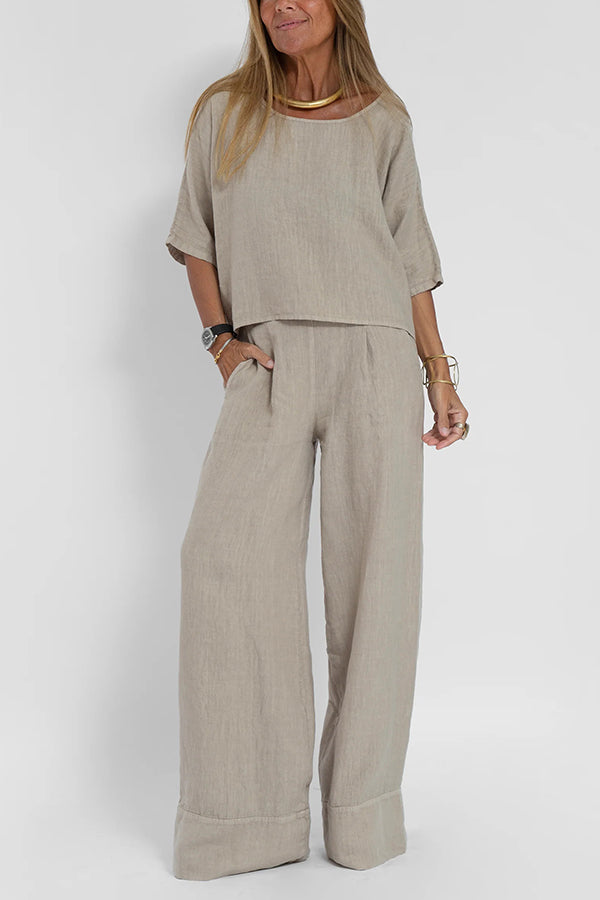 Linen Blend Color Round Neck Top and Loose Wide-leg Pants Set