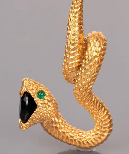 Retro Gold 14k Gold Black Agate Emerald Snakelike Drop Earrings