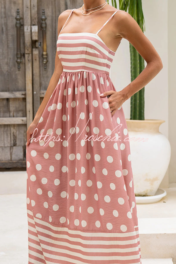 Striped Polka-dot Print Sling Pleated Open-back Maxi Dress