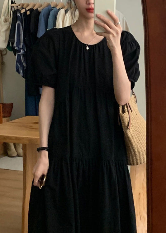 Simple Black Patchwork Wrinkled Maxi Dresses Short Sleeve Tt1042