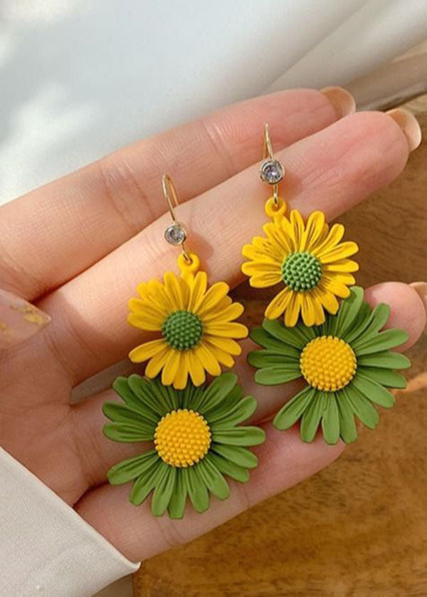 Yellow Green Daisy Metal Drop Earrings