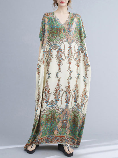 Printed V-neck Batwing Sleeves H-line Maxi Dress