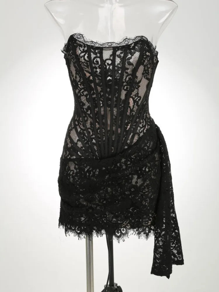 Lace Strapless Mini Dress for Off-shoulder Irregular Ruched Bodycon Night Club Party Dress