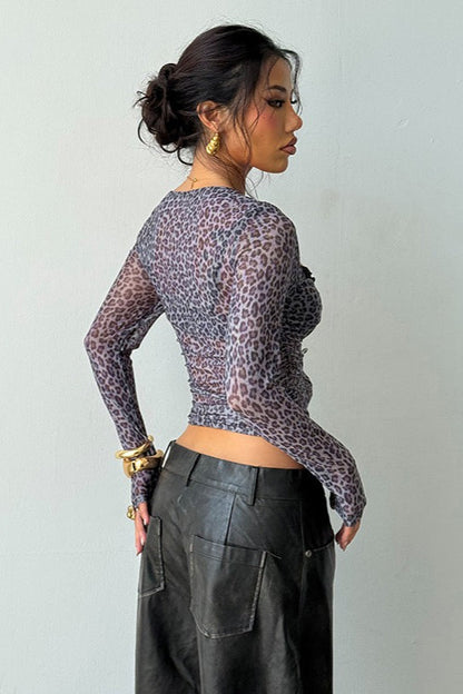 Leopard Print Fake Two-piece Slim Long-sleeve Blouse