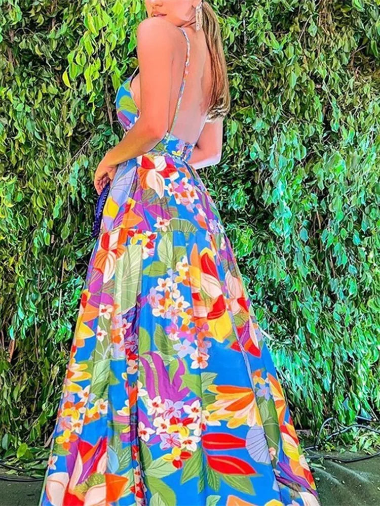 Color Flower Print Spaghetti Strap Evening Dresses Temperament V-neck Backless Beach Vacation Party Long Dress Female